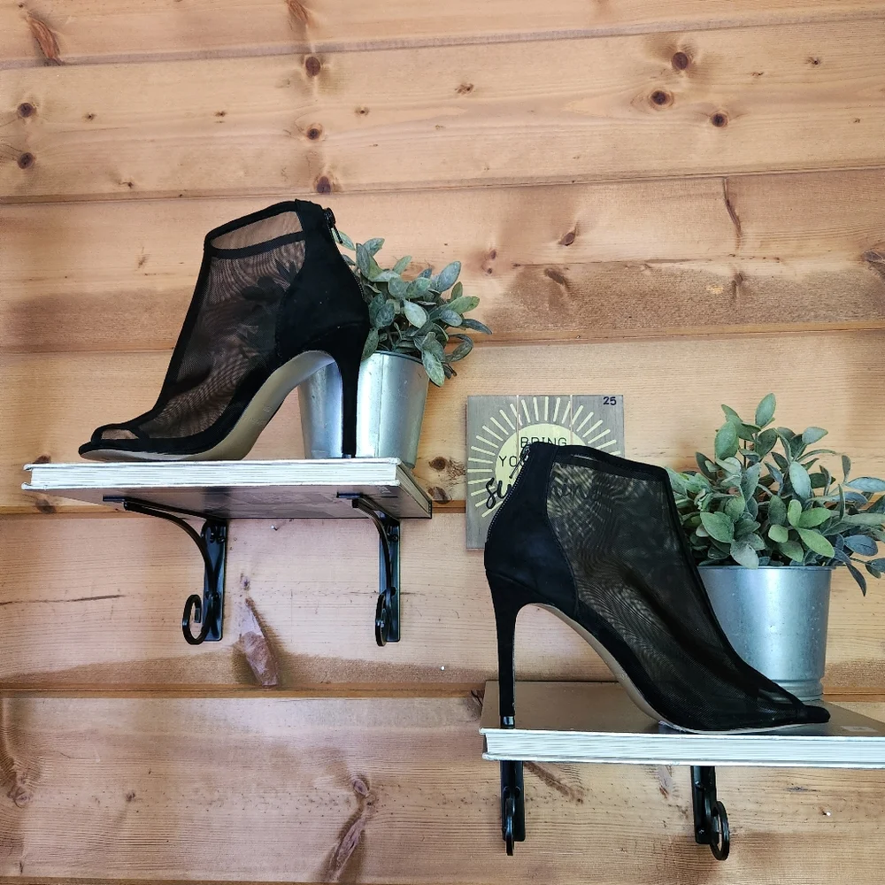Charles David Court Black Mesh Leather Ankle Stiletto Heel Ankle Boot Bootie 6.5